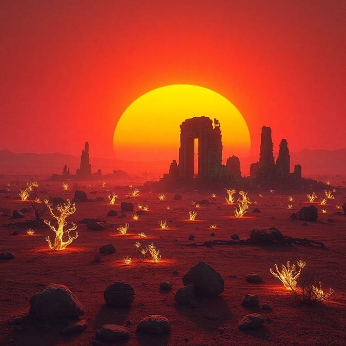 This image is a stunning representation of a dystopian desert landscape, with a focus on the contrast between the barren, rocky terrain and the vibrant, glowing plants that dot the landscape. The image is set at sunset, with the sky ablaze with hues of orange and red, casting a warm glow over the entire scene. In the distance, a ruined cityscape rises from the desert floor, its crumbling spires and towers a testament to the devastation that has ravaged this once-thriving metropolis. The overall effect is one of desolation and decay, yet the glowing plants add a sense of hope and resilience to the image, suggesting that even in the darkest of times, there is always the possibility for renewal and rebirth.