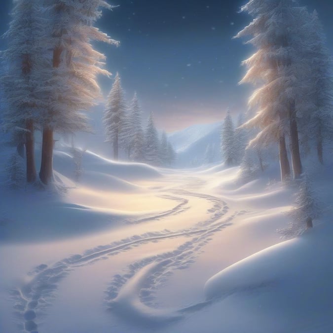 A serene snowy forest path, perfect for a peaceful holiday stroll.