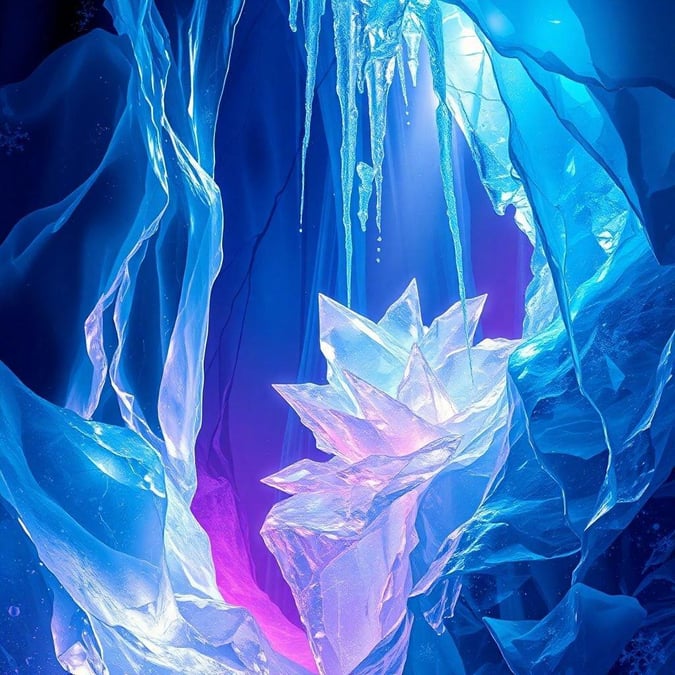 Discover the mystical beauty of an ice cave, where frozen formations and a unique crystal structure glow with ethereal light, set against the backdrop of deep blue waters.