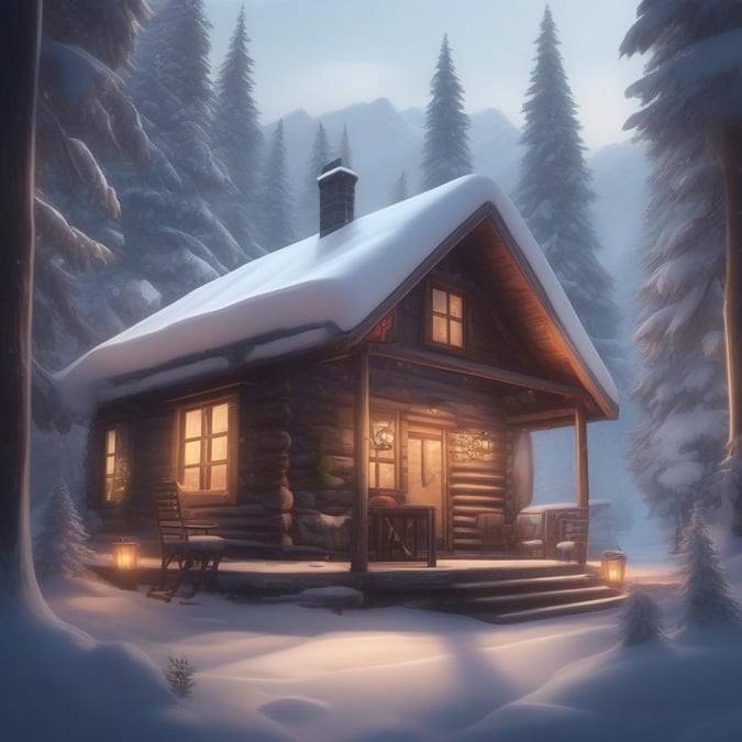 Cozy cabin nestled in a snow-covered forest. Perfect getaway spot for a winter retreat.