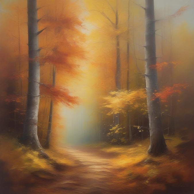 Walk into a serene autumn forest with a trail leading the way, surrounded by vibrant fall foliage. This tranquil scene encapsulates the peacefulness and beauty of nature's autumnal display.