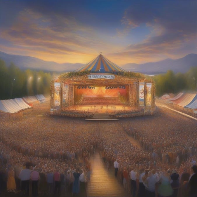 At dusk, the Oktoberfest carnival scene takes center stage. The tent of a traveling circus looms over the performance area, where a group is gathered to enjoy music under the twilight sky. A bustling crowd watches from the stands, creating a vibrant atmosphere at this beloved Bavarian festival.