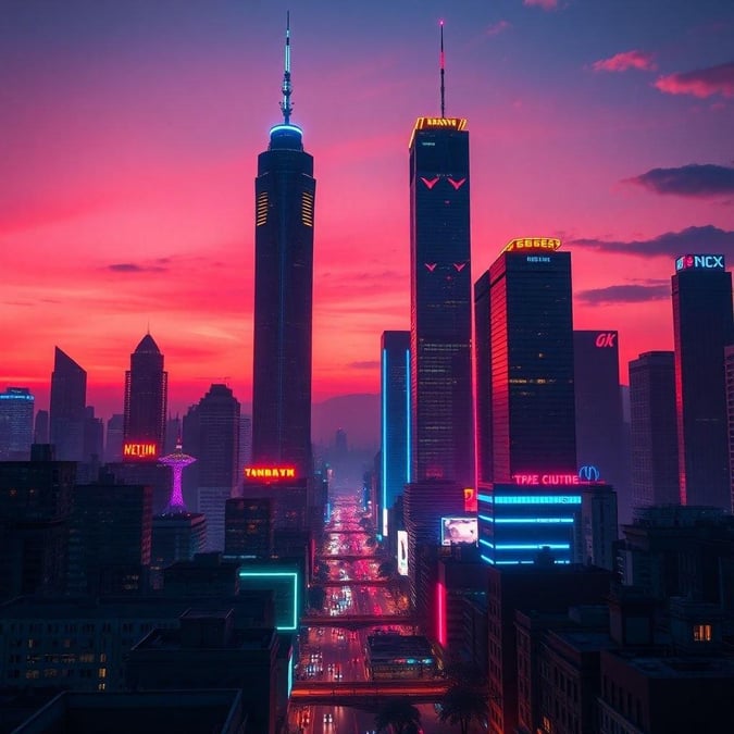 Bright city lights illuminate the night sky as day transitions to evening. The iconic New York City skyscrapers, including the Empire State Building and One World Trade Center, glow with urban energy against a stunning pink and purple sky.