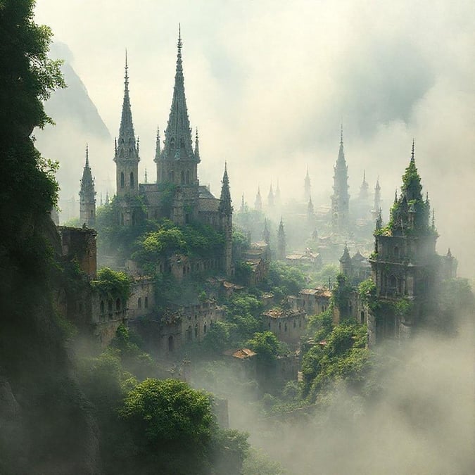 An ethereal view of a castle nestled in the fog, with spires reaching towards the sky. This scene could be from 'The Lord of the Rings'.