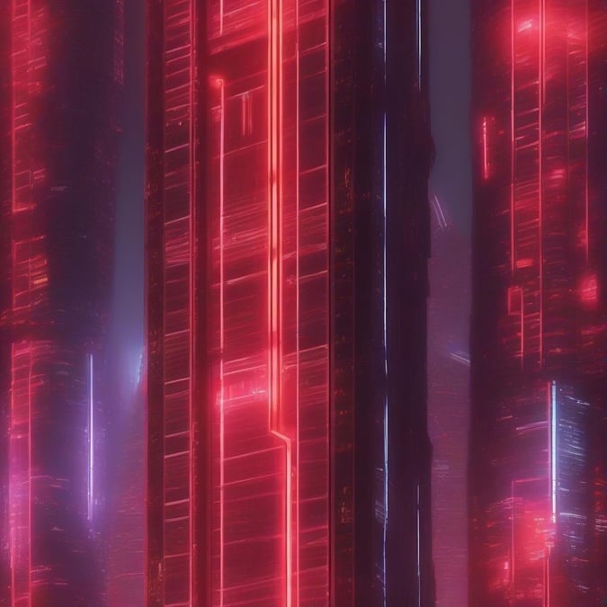 A futuristic city skyline dominated by towering buildings illuminated in a vibrant shade of neon pink, creating an otherworldly cyberpunk scene that is both mysterious and enticing.