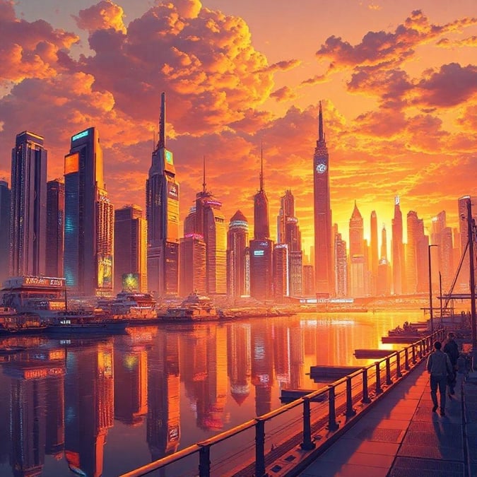 Eine futuristische Stadt-Skyline, die vor dem Hintergrund eines warmen Sonnenuntergangs leuchtet. Die ruhigen Gewässer spiegeln die Lichter der Stadt wider, während der Tag in die Nacht übergeht.