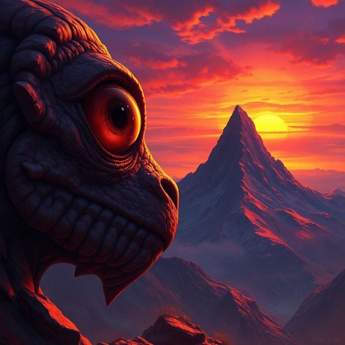 This fantasy creature wallpaper features a large-eyed creature with a long snout, gazing at a mountain in the distance. The orange and yellow sky with clouds creates a peaceful and serene atmosphere, perfect for desktop and mobile use.