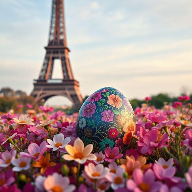 Celebrate the Easter holiday with this beautiful wallpaper featuring an Easter egg in a field of flowers with the Eiffel Tower in the background.