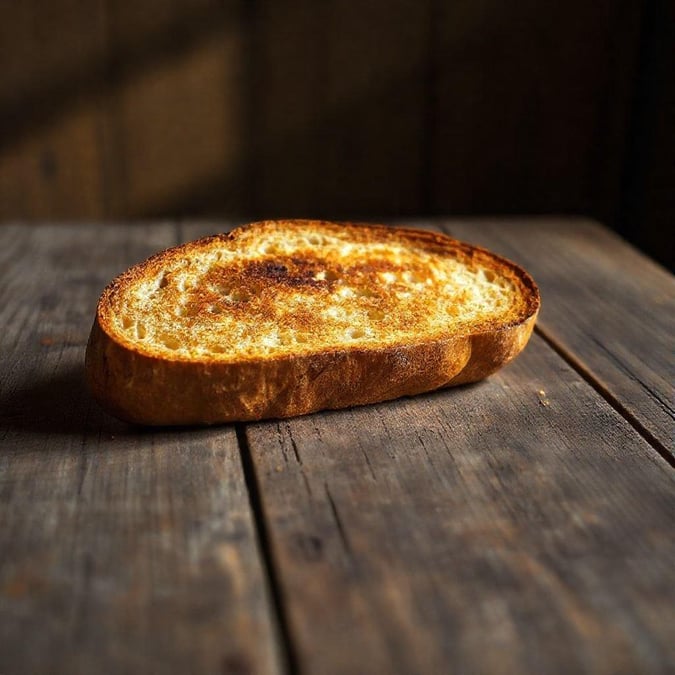 This image features a slice of toasted bread, perfectly golden brown and crispy on the outside, with a soft and fluffy interior. It's a simple yet satisfying food that's perfect for a quick snack or as part of a larger meal.