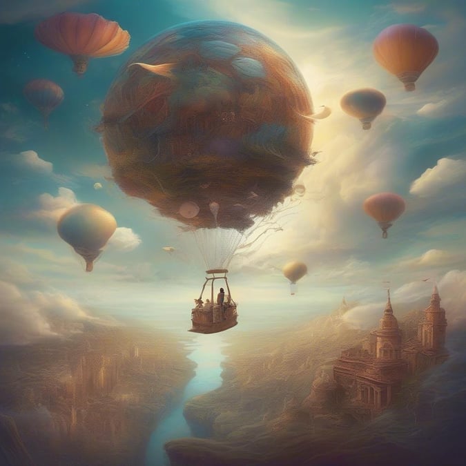 This captivating image paints a picture of fantastical exploration, as if you're about to embark on an adventurous journey with hot air balloons soaring high in the sky against a vibrant backdrop. The colorful balloons add a sense of whimsy and nostalgia, reminiscent of Jules Verne's 'Journey to the Center of the Earth'. Who wouldn't want to be part of such an exciting quest?