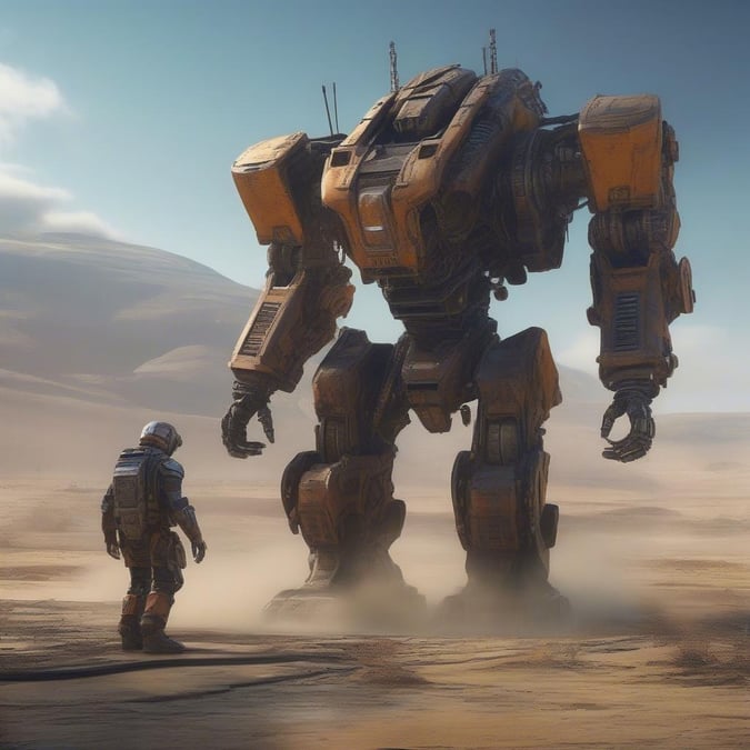 This futuristic gaming wallpaper features a large robot standing in a desert landscape, accompanied by a person in a spacesuit. The robot's imposing presence and the person's adventurous spirit make for an exciting and dynamic scene.