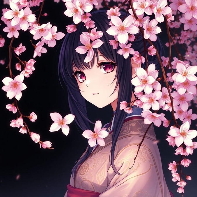 This captivating anime illustration features a shy and enigmatic girl, her face partially hidden behind a curtain of blooming cherry blossoms. The intricate details of her costume, the pink and white flowers, and the dark background create a serene and enigmatic atmosphere.