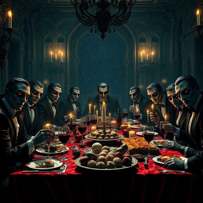 Step into a world of fantasy and mystery with this captivating wallpaper featuring a gathering of vampires enjoying a feast. The dimly lit room is set with a rich red tablecloth, and the vampires are dressed in formal attire, adding to the sense of elegance and sophistication. The image is a perfect blend of horror and fantasy, making it a unique and intriguing addition to any desktop or mobile device.