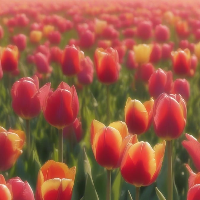 A stunning field of tulips in full bloom, with vibrant colors and a serene atmosphere.