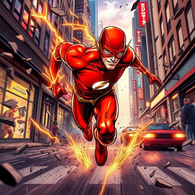 This wallpaper features the iconic superhero, The Flash, in action. The Flash is known for his incredible speed and agility, making him a popular choice for fans of comic books and superheroes. This image captures his dynamic movement and energy, making it a great choice for anyone looking to add some excitement to their desktop or mobile wallpaper.