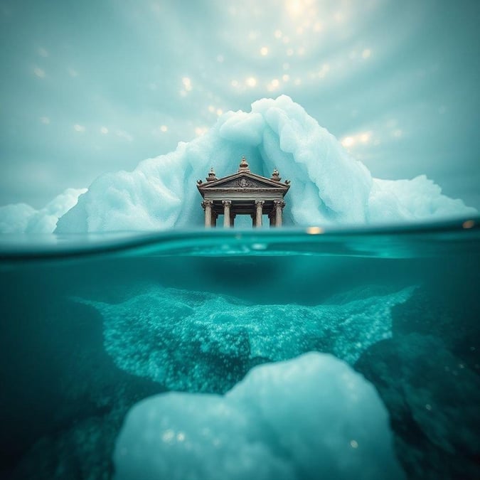 A serene scene beneath the ice, where nature sculpts a monument from the frozen depths.