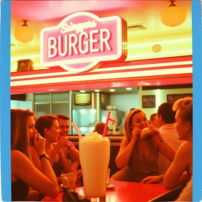 A group of friends enjoying a meal together during an Independence Day celebration at a local diner.