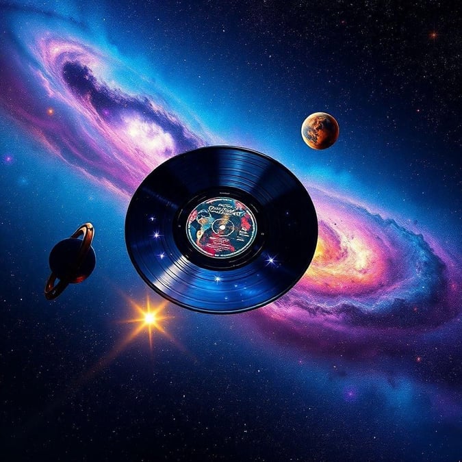 Explore the cosmic tunes that echo through the stars with this vibrant vinyl record wallpaper. Imagine your favorite melodies drifting on a musical journey across planets and galaxies.