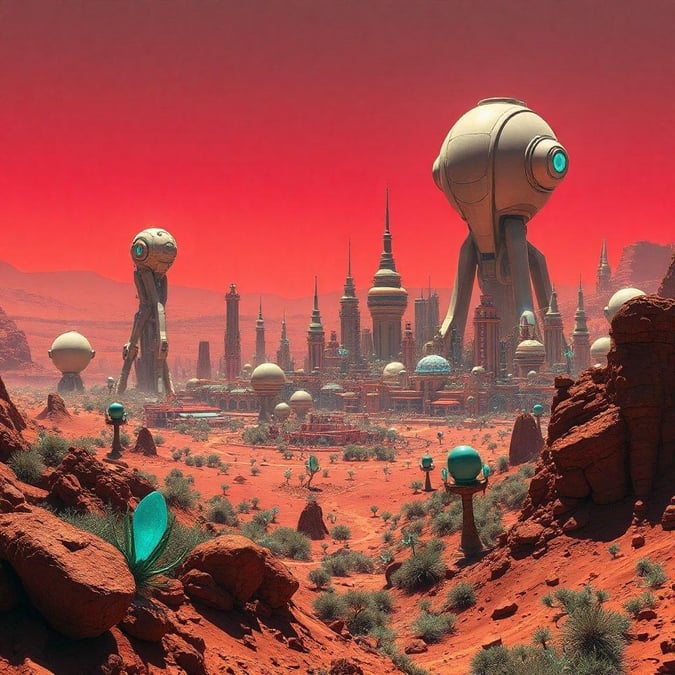 Exploring an alien city where the sky meets a red desert landscape. A unique blend of architecture and technology.