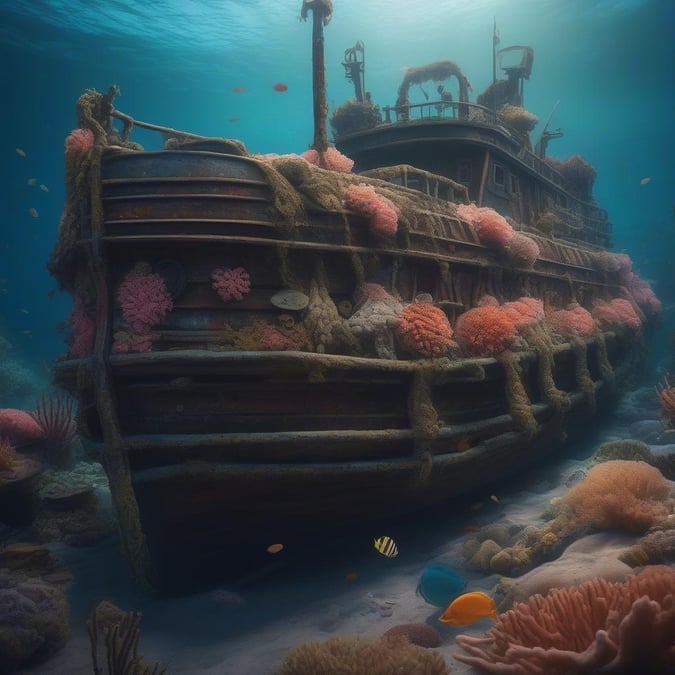 This wallpaper image captures the beauty and mystery of an underwater shipwreck, with vibrant coral and fish swimming around the wreckage.