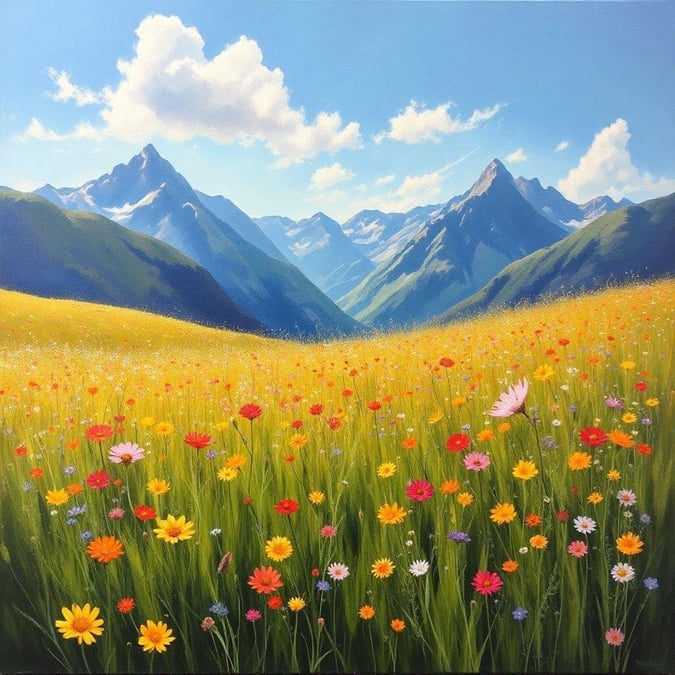 A vibrant alpine meadow blooming with wildflowers, set against a backdrop of majestic mountain peaks on a clear day.