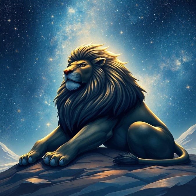 This image of a lion in the night sky is a stunning representation of the beauty and majesty of nature. The lion, with its golden fur and piercing eyes, is set against a backdrop of twinkling stars and a crescent moon, creating a sense of wonder and awe.