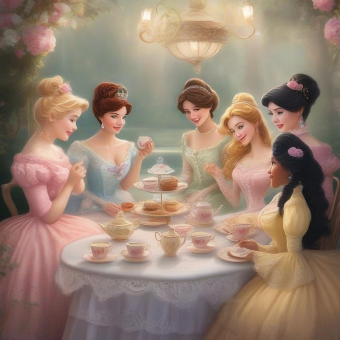 A casual gathering of the Disney Princesses enjoying afternoon tea together.