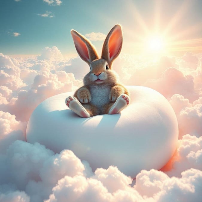 A cute Easter bunny sits atop a giant Easter egg in the clouds, symbolizing joy and wonder during the holiday season.