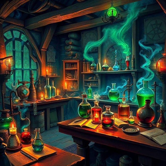 Step into the mystical world of alchemy, where potions brew and magic is at play. Immerse yourself in this fantastical laboratory filled with the most potent ingredients, ancient lore, and glowing concoctions that twinkle like stars in the night sky.