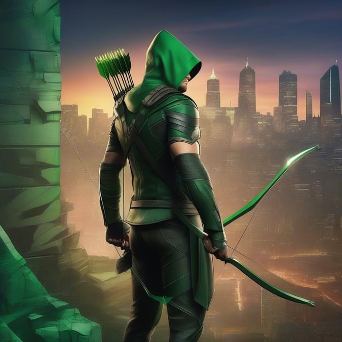 This wallpaper features Stephen Amell as Oliver Queen/Arrow from the Arrow-verse, showcasing his iconic role in this comic legend series. The city skyline and heroic stance evoke the urban vigilante's spirit.