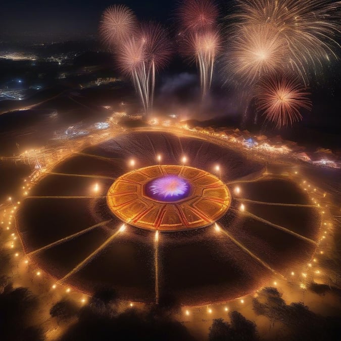 A vibrant night scene at a stadium where the iconic Indian festival, Diwali, is celebrated with fireworks and lights illuminating the venue.