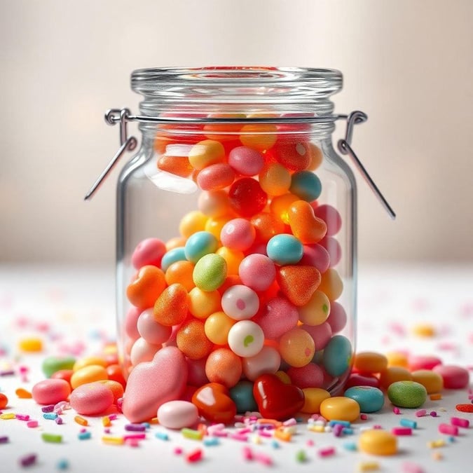 A delightful collection of candy hearts in a jar, perfect for spreading love on Valentine's Day. Each heart is individually wrapped and ready to be shared.