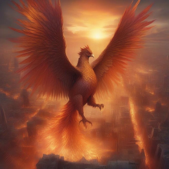 Red phoenix soaring over fiery city skyline at sunset, magical fantasy art.