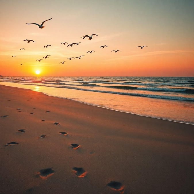 A breathtaking sunset over the ocean, with the sun dipping below the horizon and casting a warm orange glow over the water.