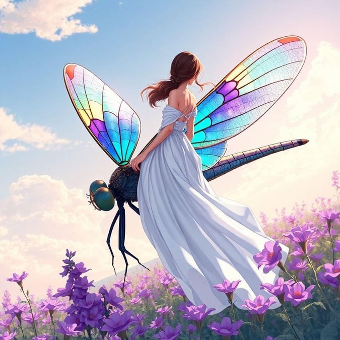 Experience the magic of anime with this captivating wallpaper, where a young woman rides a majestic dragonfly amidst a sea of purple wildflowers.