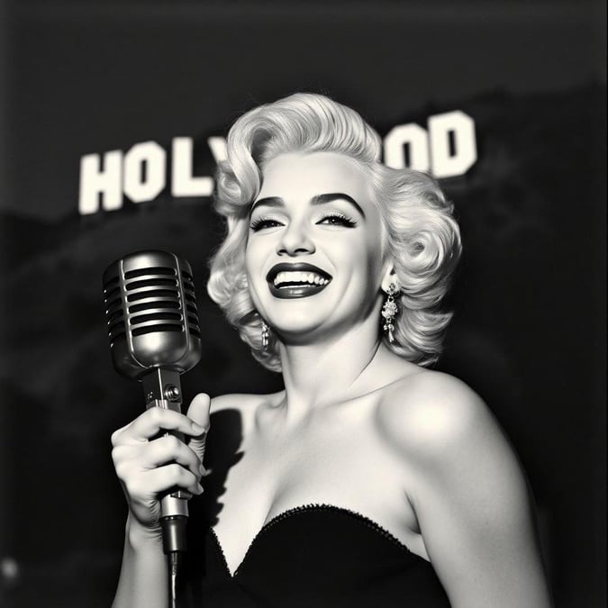 A glamorous celebrity on stage with a microphone, embodying the iconic spirit of Hollywood.