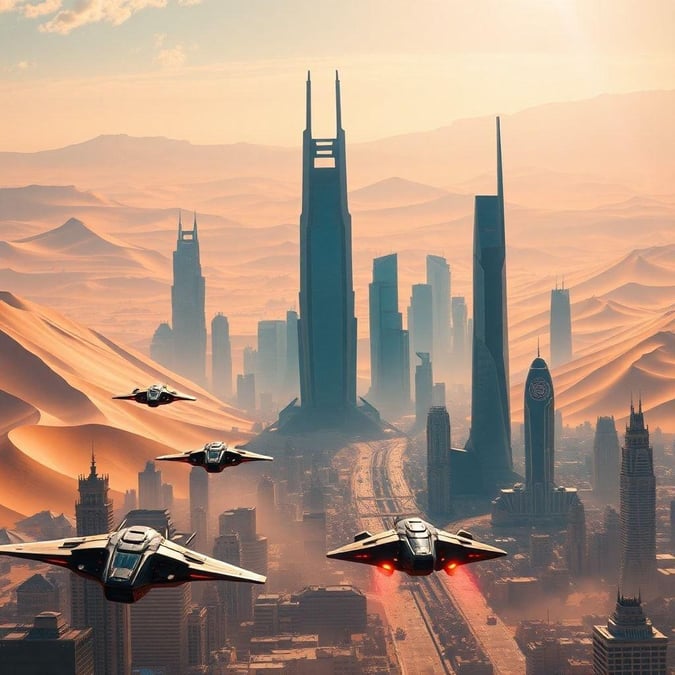 Une image époustouflante d'une ville futuriste avec des gratte-ciels élégants et des aéronefs de haute technologie planant dans le ciel, sur fond d'un vaste paysage désertique.