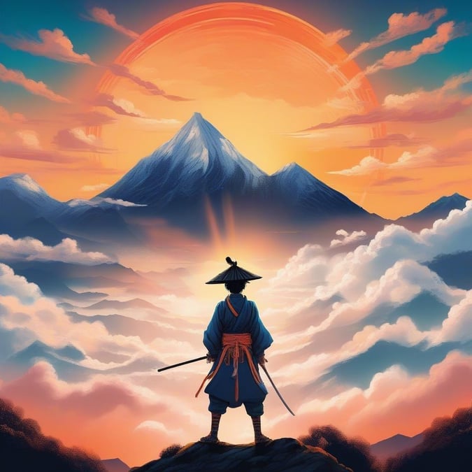 Tauchen Sie ein in die Welt des Anime mit diesem atemberaubenden Hintergrundbild, das einen jungen Samurai zeigt, der auf einem Berggipfel steht, umgeben von wirbelnden Wolken und einer orangefarbenen Sonne.