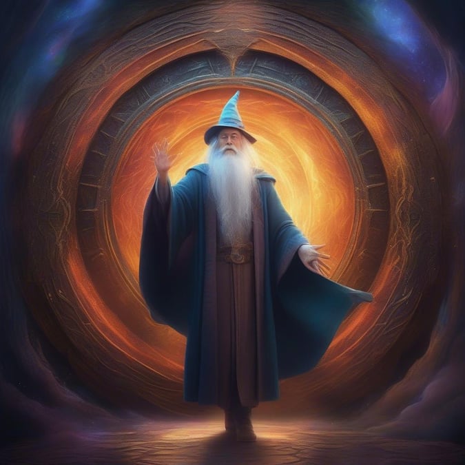 A magical portal beckons the wizard to embark on a fantastical adventure.