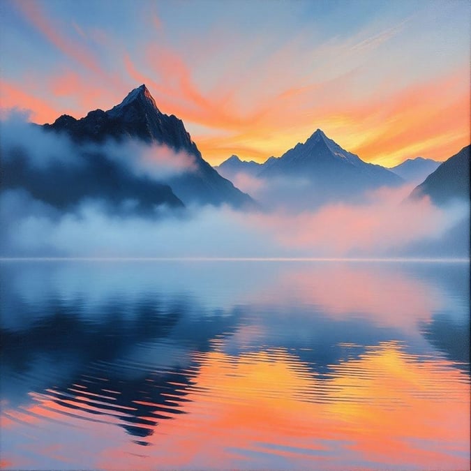 A breathtaking sunset over a majestic mountain range, with a calm and peaceful lake in the foreground.