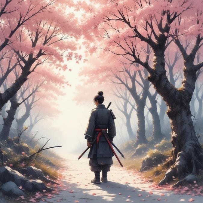 In the tranquil realm of anime, a samurai finds solace on a cherry blossom-lined path, his gaze lost in the ethereal beauty of nature.