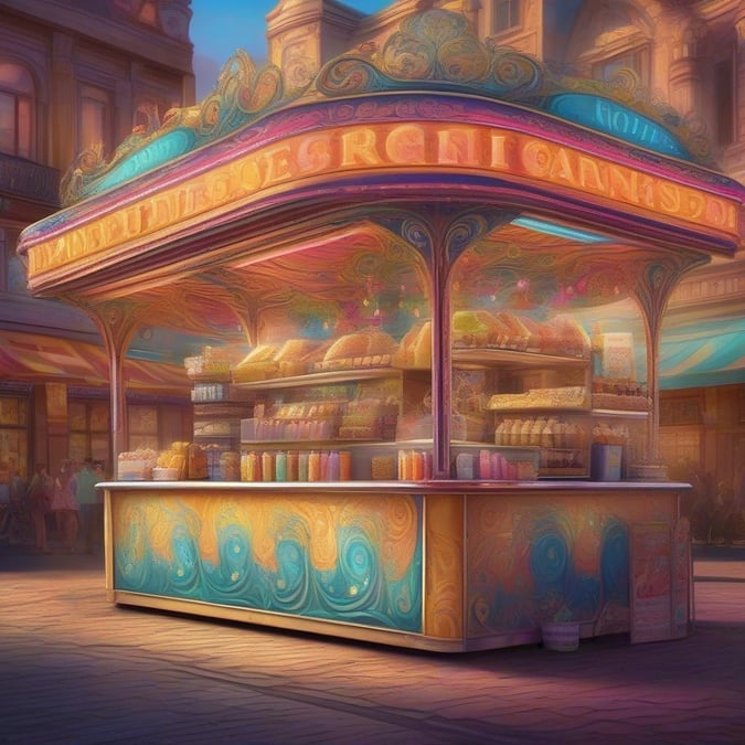 A vibrant carnival food cart offering an array of sweet treats.