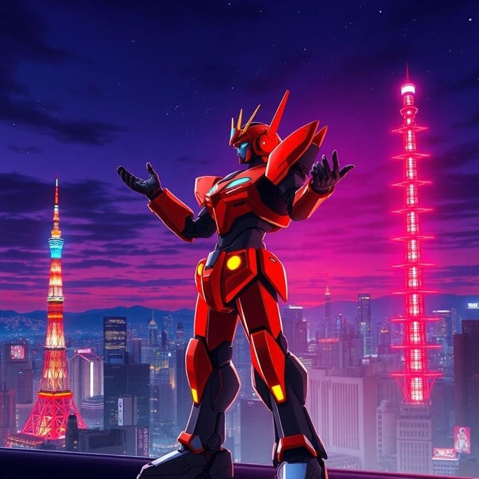 This anime-style wallpaper features a robot standing in front of a Tokyo skyline at dusk, with a red and black body and a red and yellow head. The robot's arms are raised and bent, and there are blue and red neon lights on either side of it.