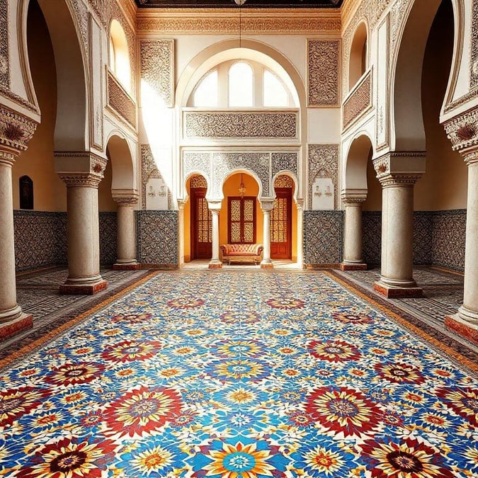 This beautiful wallpaper showcases the stunning architecture and intricate tile work of a traditional Moroccan interior, perfect for adding a touch of cultural flair to your desktop or mobile device.