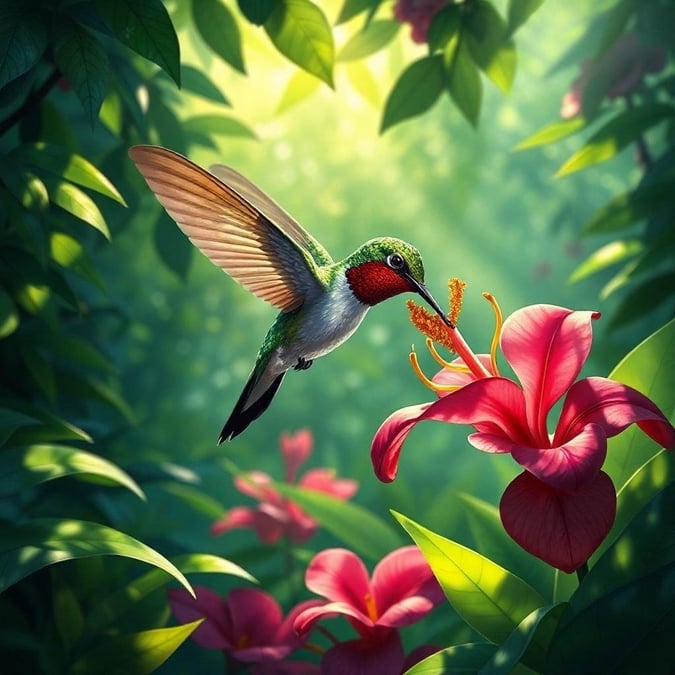 This vibrant image captures a hummingbird in mid-flight, reaching out to sip the nectar from a brightly colored flower amidst a lush tropical forest.