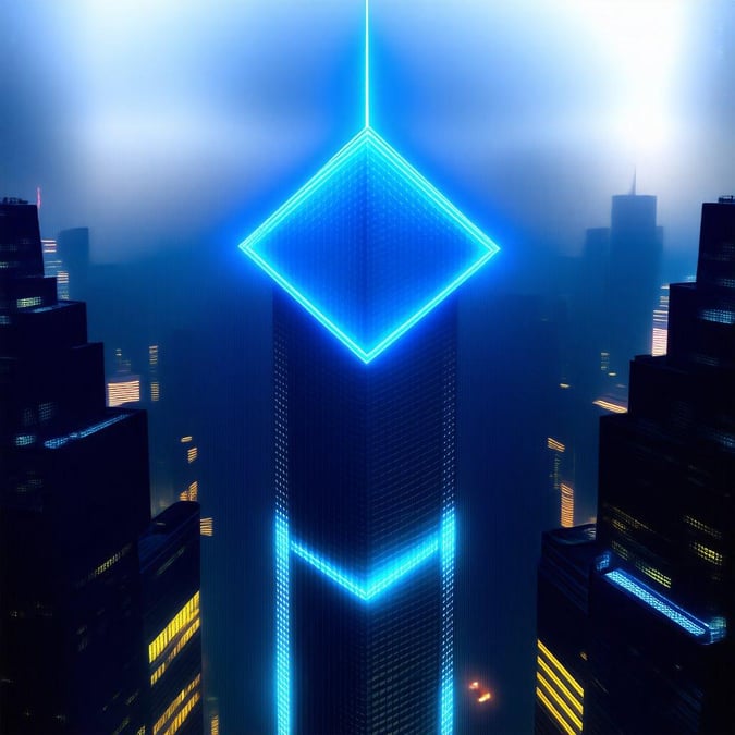 The city skyline shimmers with neon lights against the night sky. An intricate network of blue lights forms a geometric design on one tower, embodying the city's modern architecture and digital culture.