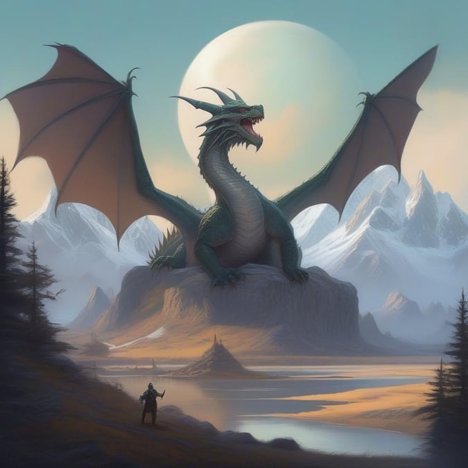 In this fantastical scene, a majestic dragon soars above an idyllic landscape, its wings spread wide as it surveys the realm below. The dragon, a magnificent creature of legend, commands attention amidst the tranquil setting with its fierce gaze and powerful presence.