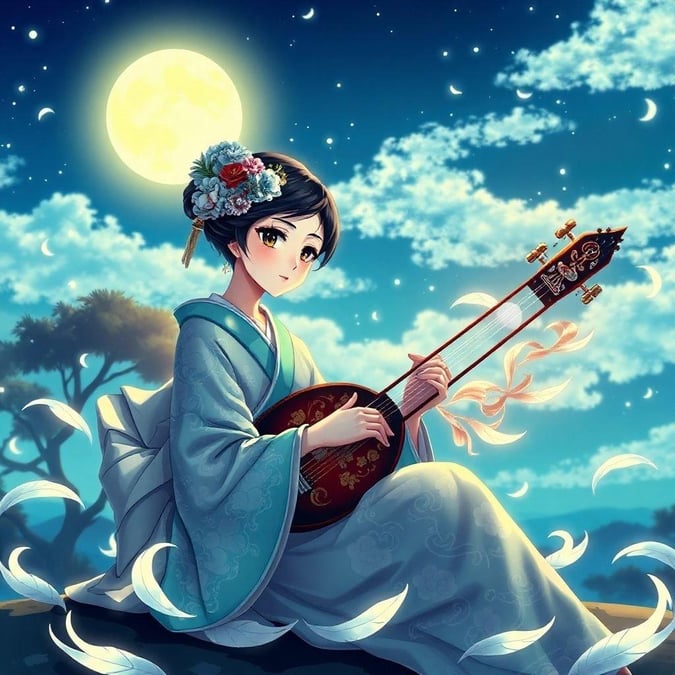 Immerse yourself in the tranquil world of anime with this captivating wallpaper, featuring a geisha playing the shamisen under the soft glow of the moonlight.