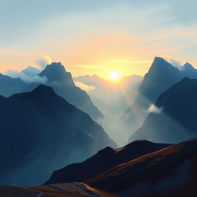 A breathtaking view of a mountain range at sunrise, with the sun peeking through the peaks and casting a warm glow on the landscape.