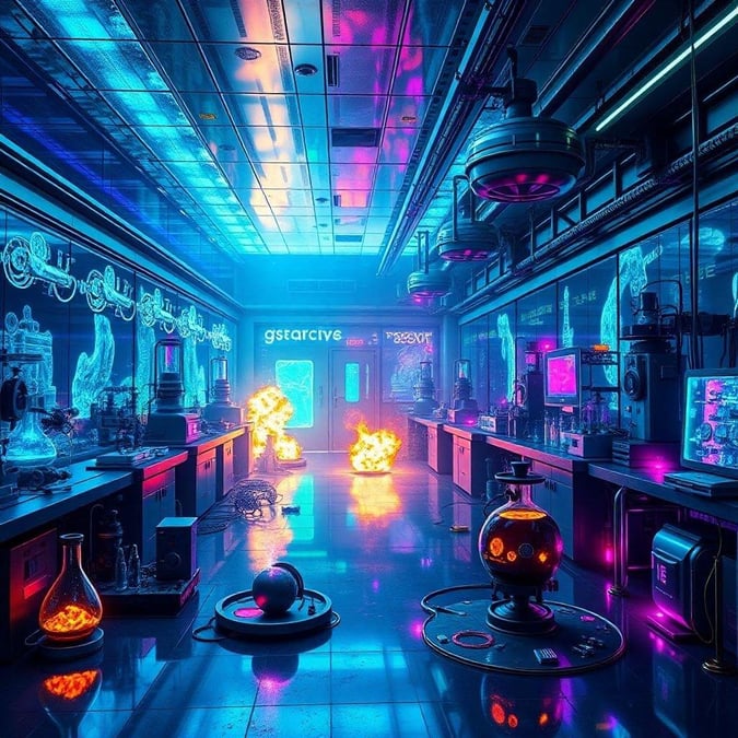 The cyberpunk laboratory of tomorrow, with an intense futuristic ambiance and cutting-edge technology.